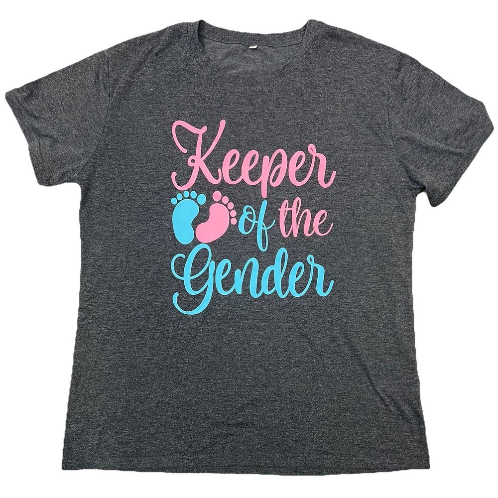 Gender Reveal Shirt Keeper of the Gender Size L Baby Announcement Gray Tee Shirt